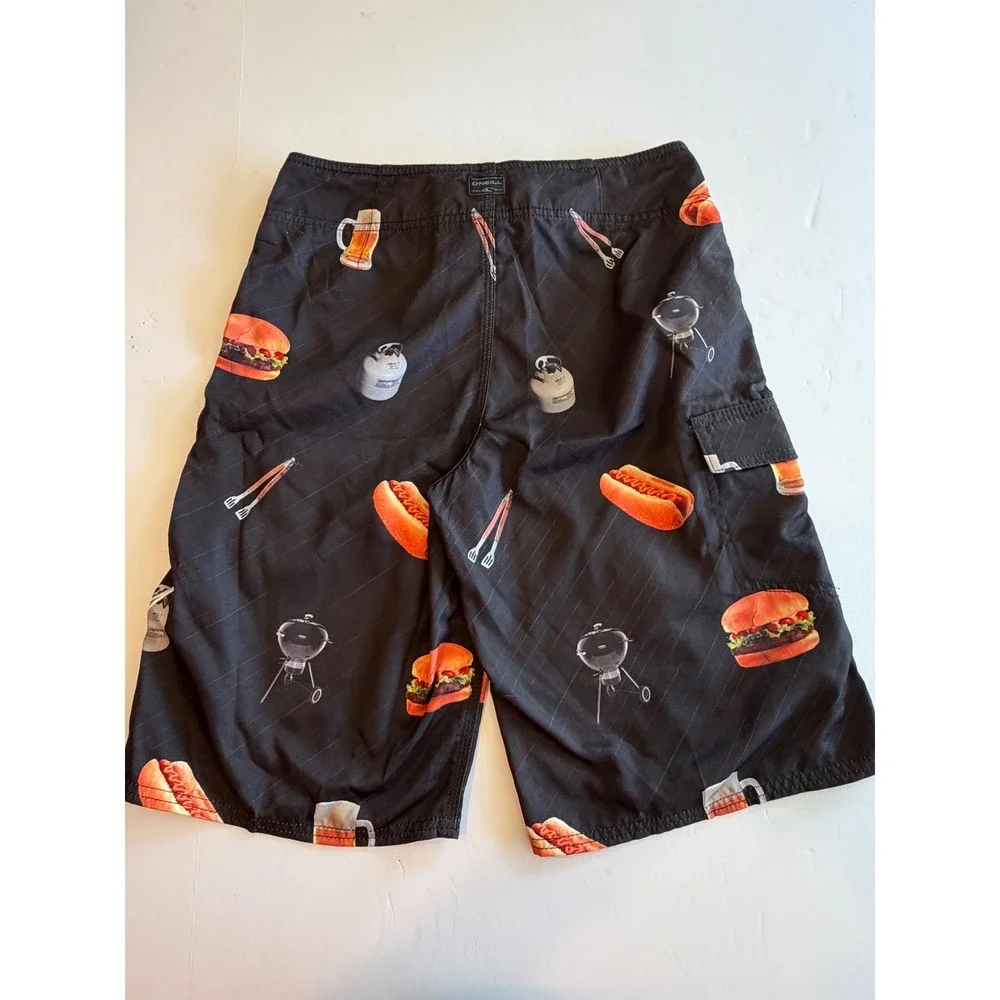ONeill Mens BBQ Print‎ Board Shorts Black Hamburger Hot Dog Beer Trunks Size S